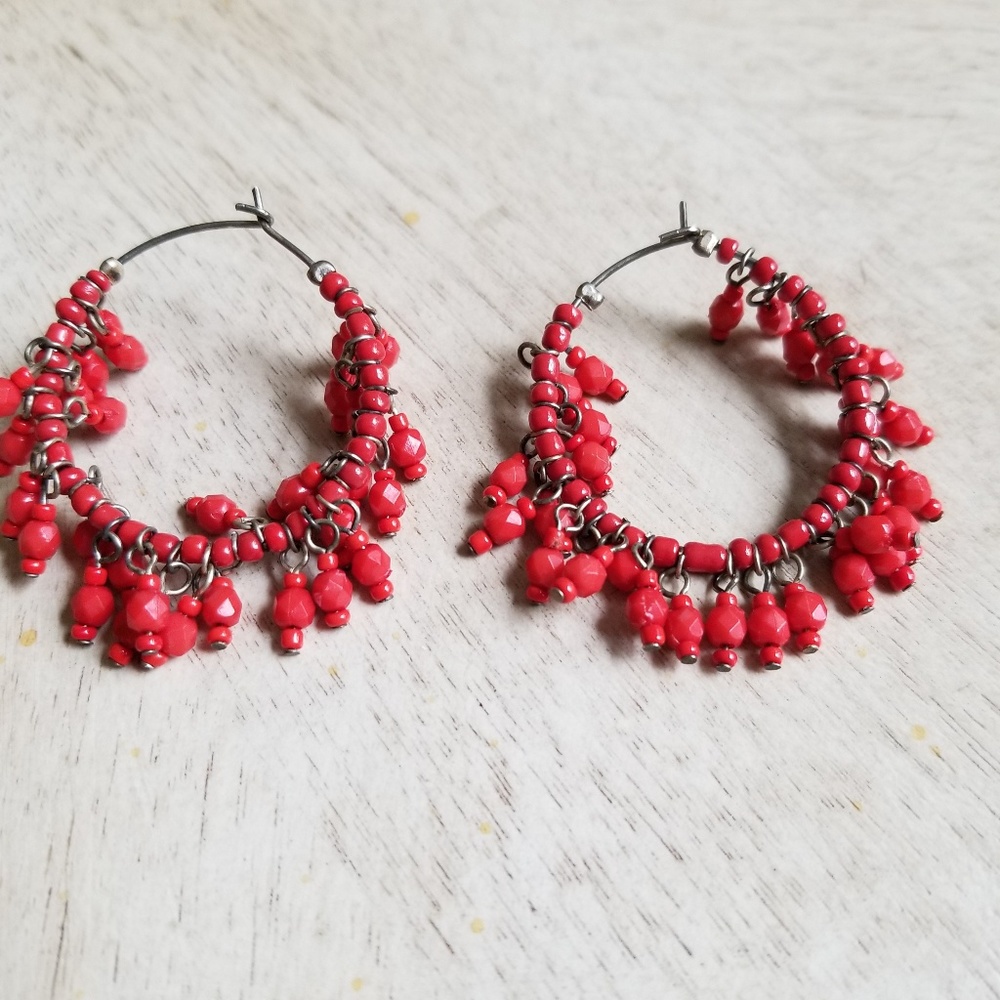 Red bead hoop earrings